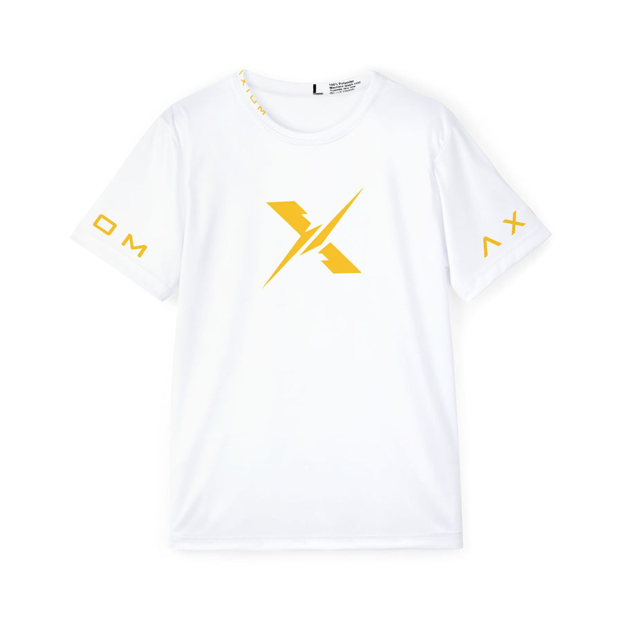 Sports Jersey — White Performance Tee with Yellow X Logo & “Discipline Drives Destiny” Back Print