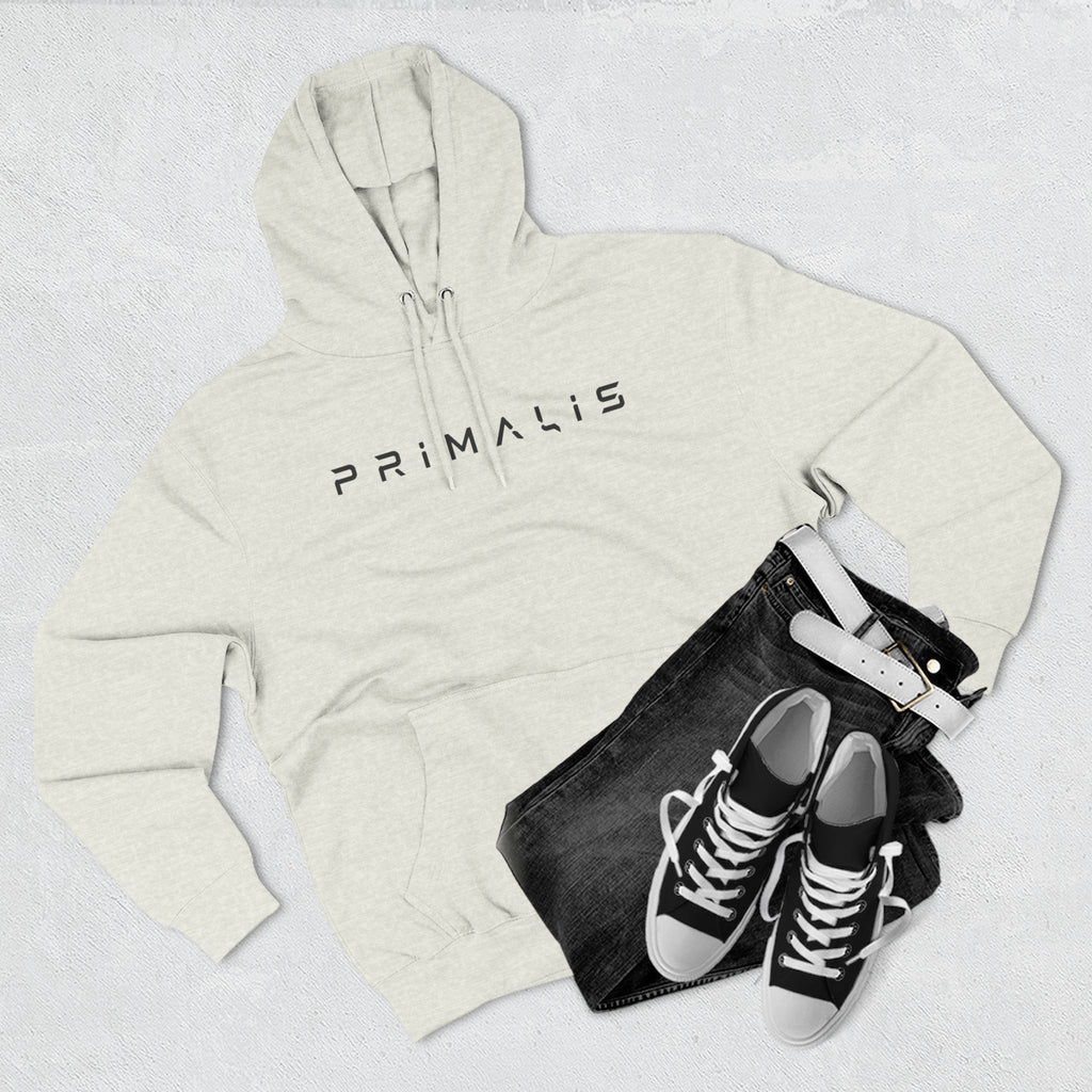 Primalis Minimal Logo Hoodie — White Fleece Pullover with Front Text & Back Emblem