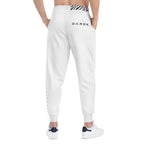Athletic Joggers — Minimalist White AOP Joggers with 'DARK' Logo & Side Text
