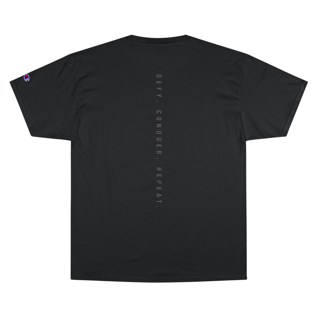 Champion T-Shirt — DAROK Minimal Logo Tee with Vertical “Defy Conquer Repeat” Back Print