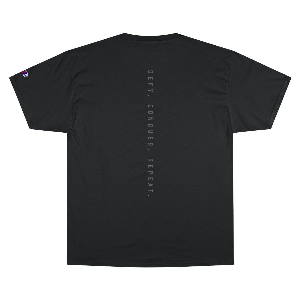 Champion T-Shirt — DAROK Minimal Logo Tee with Vertical “Defy Conquer Repeat” Back Print